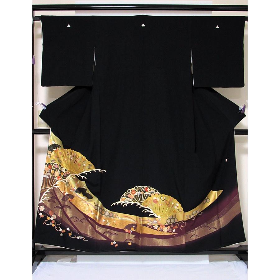 黒留袖 一越 比翼 刺繍 金泥 落款 琳派 大波に舞菊扇取文 155cm前後