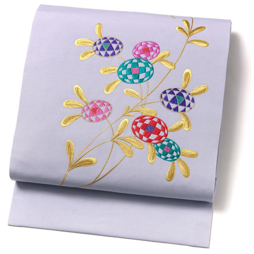 名古屋帯 刺繍 薄紫 パープル グレー チェック 花 塩瀬 レトロ シック