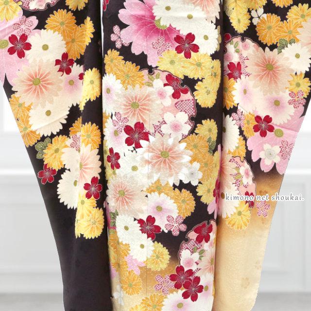 送料無料】【中古】 振袖 正絹（中古 ランクA こげ茶色 黄白赤 菊桜