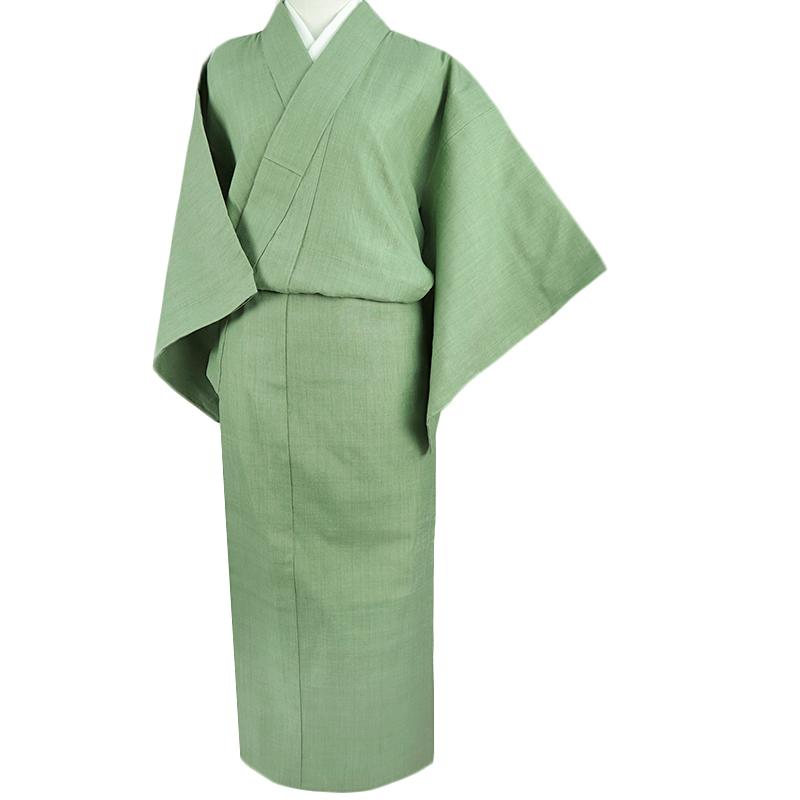 本場 結城紬 真綿紬 地機 正絹 緑 渋緑 黄緑 着物 仕立て上がり 単衣