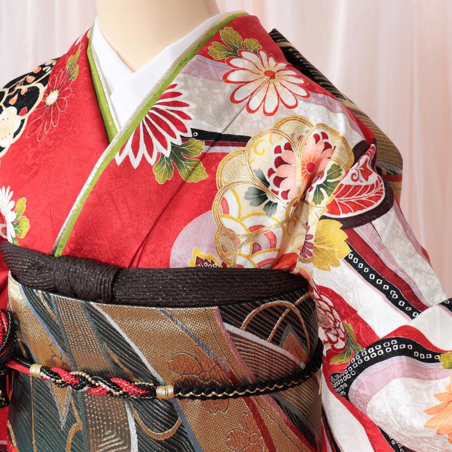 振袖レンタル 成人式 フルセット 1月 赤 格安 古典 個性的 菊 身長162