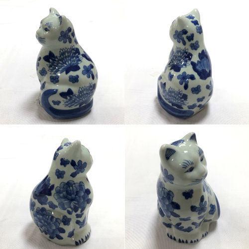 猫 陶器 「座り猫」 染付陶器 藍陶器 インテリア 置物 和風 雑貨 ねこ