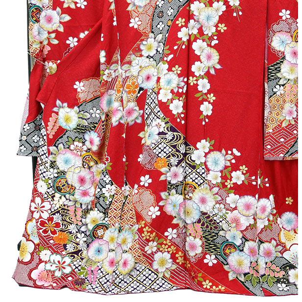 仕立て付き 正絹 振袖フルセット32点 f-504 辻が花絞り 赤色 レッド