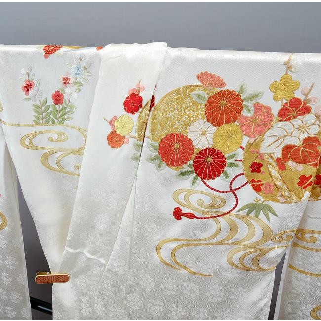手刺繍振袖 手毬に花文様 白色 f-638 尾峨佐染繍 古典柄 正絹振袖 新品