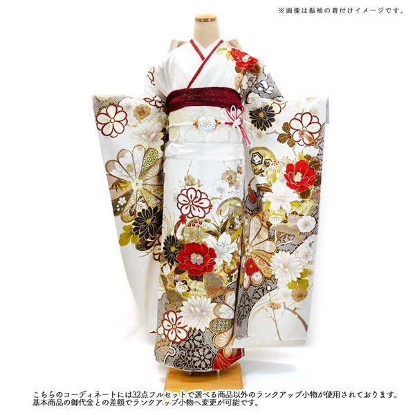 仕立て付き 正絹 振袖 フルセット32点 f-186 白 赤 刺繍入 新品購入