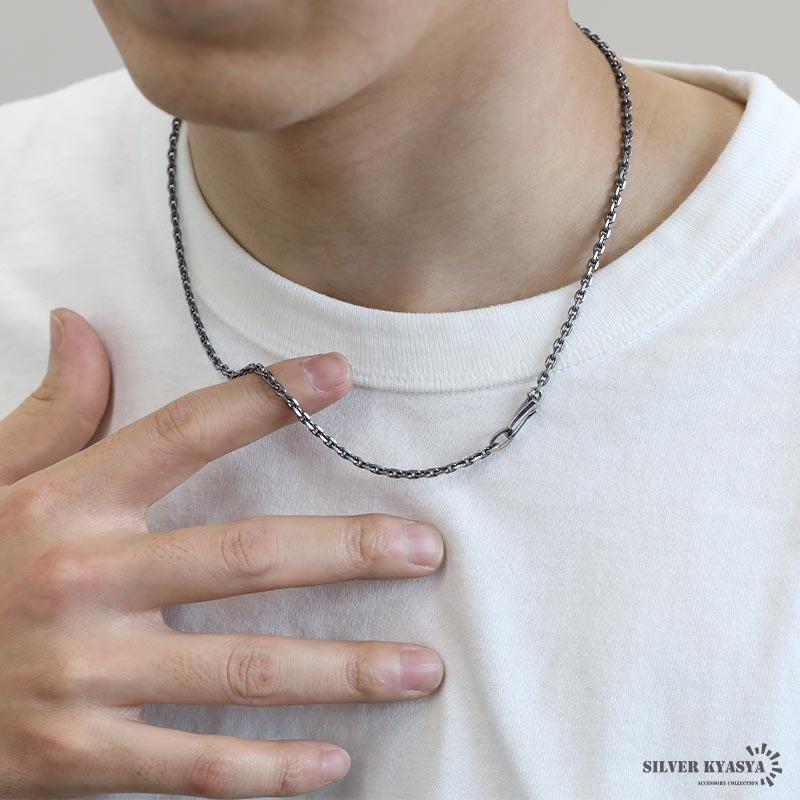 シルバー925 燻し仕上げ あずきチェーン ネックレス 幅3mm 50cm 4面