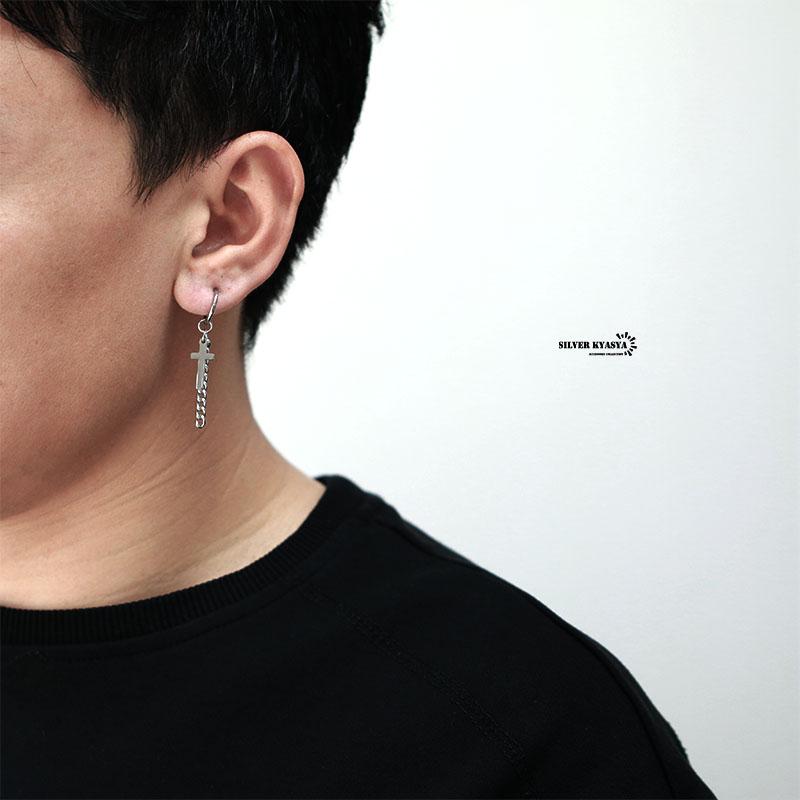 両耳 メンズ 嘘ピアス イヤリング フープピアス チェーンピアス クロス