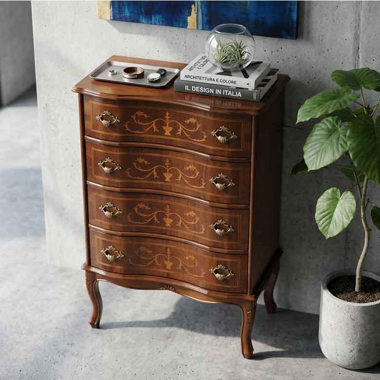 イタリア 4段 チェスト 茶 58m 象嵌 ロココ調 家具 猫脚 丸脚 完成品