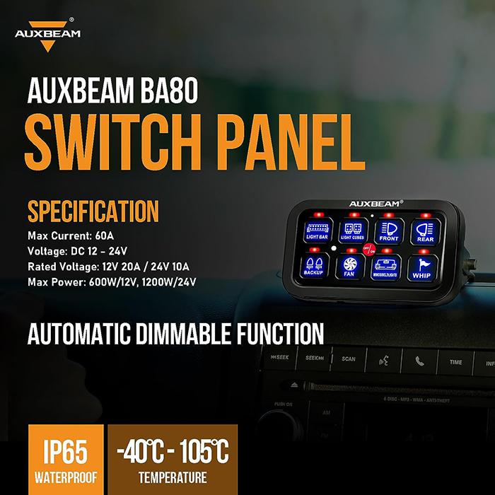 Auxbeam 8ギャング スイッチパネル BA80 自動調光機能付き LED タッチ