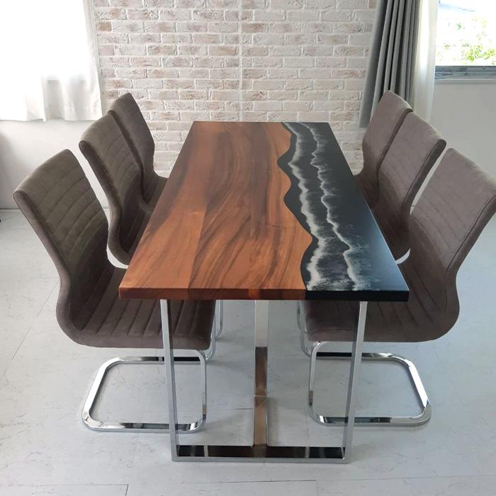 一枚板風 レジン ダイニングテーブルセット 幅180cm 7点 海 波打ち際