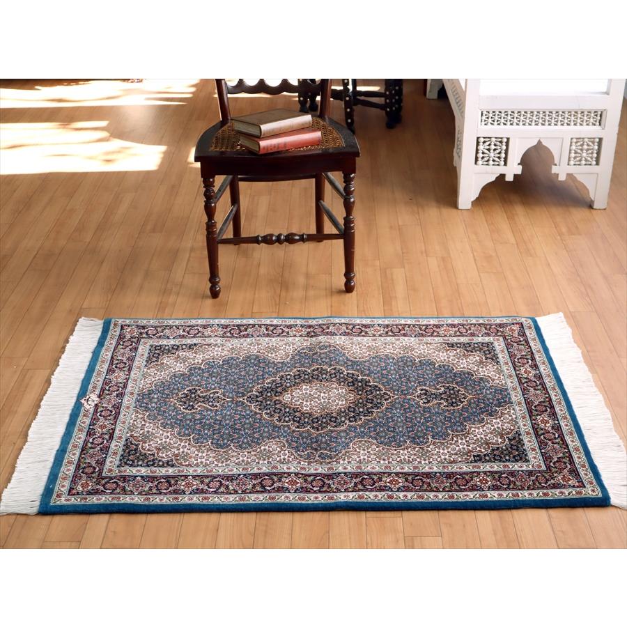 ペルシャ絨毯 タブリーズ産マヒ 玄関マット 120x83cm トルコブルー