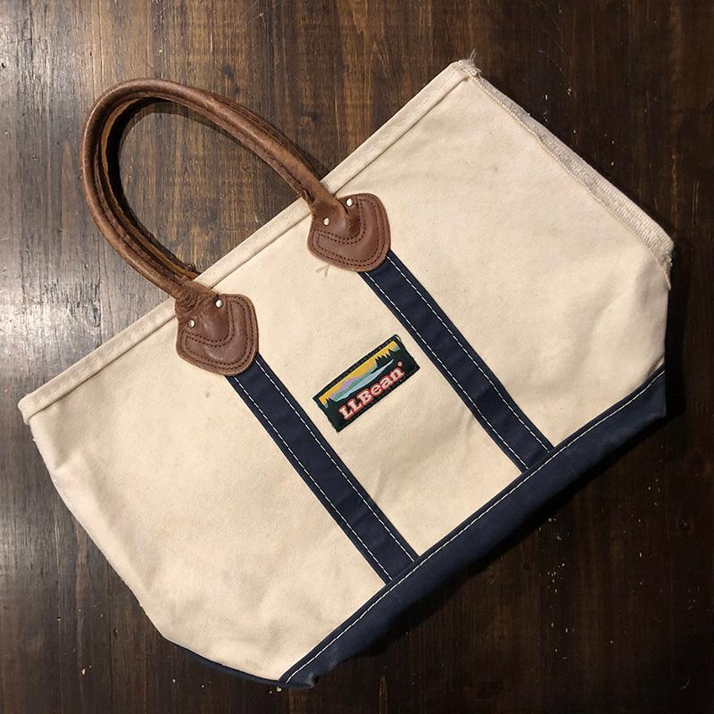 L.L. Bean Boat and Tote Leather Handle Ivory Navy Bag M エルエル