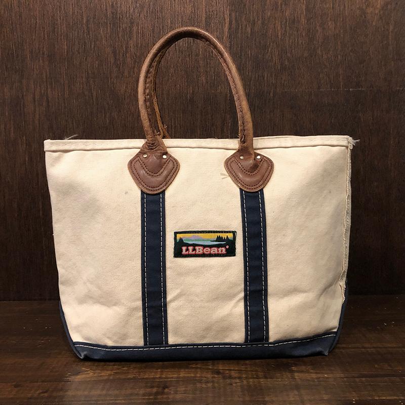 L.L. Bean Boat and Tote Leather Handle Ivory Navy Bag M エルエル
