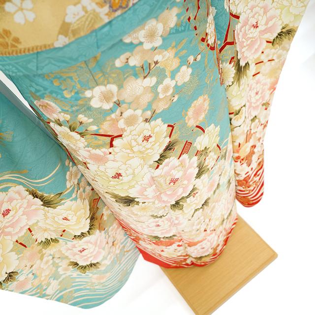 振袖 袷 着物 正絹 刺繍 水色 四季の花 牡丹 菊 梅 桜 金彩加工 金糸