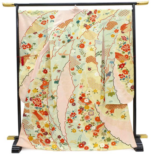 振袖 着物 正絹 手染め 薄黄 黄緑 ピンク 四季の花 金彩 袷 春 秋 冬
