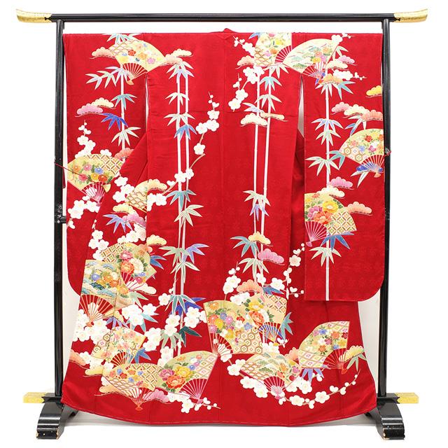 振袖 着物 金駒刺繍 赤 四季の花 扇 古典柄 成人式 二十歳 20歳 結婚
