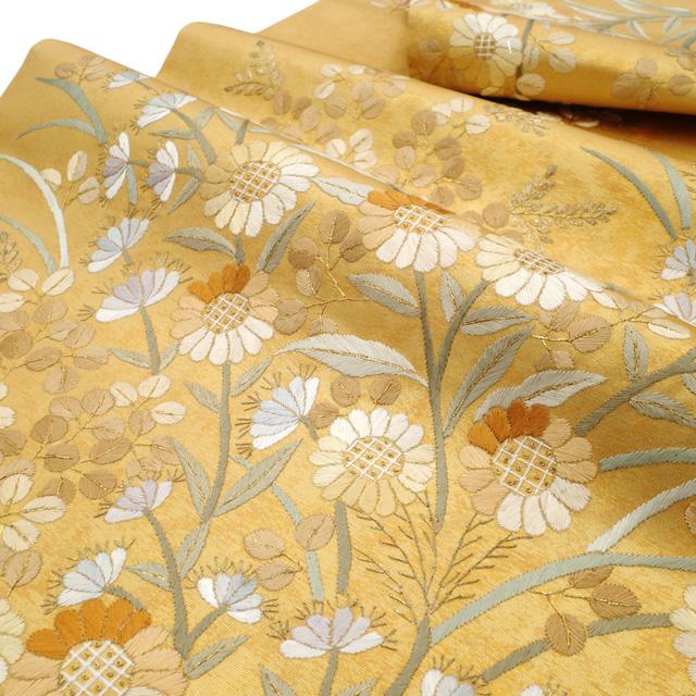 袋帯 未使用 フォーマル 正絹 手刺繍 蘇州刺繍 引箔地 金色地 菊 草花