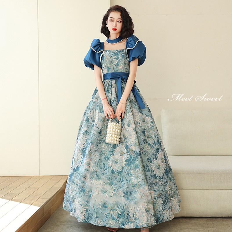 カラードレス 編み上げ ブルー 花柄 青 花嫁 パーティードレス