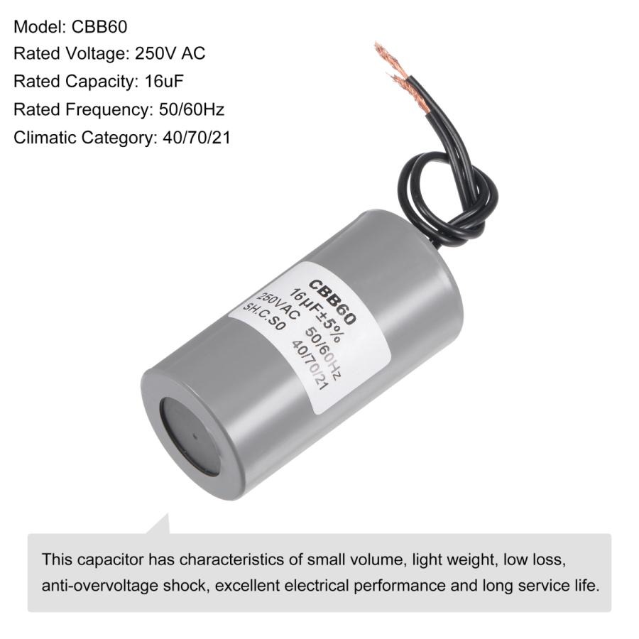 uxcell CBB60ランコンデンサ 16uF 250V AC 2ワイヤー 50/60Hz 75x38 mm