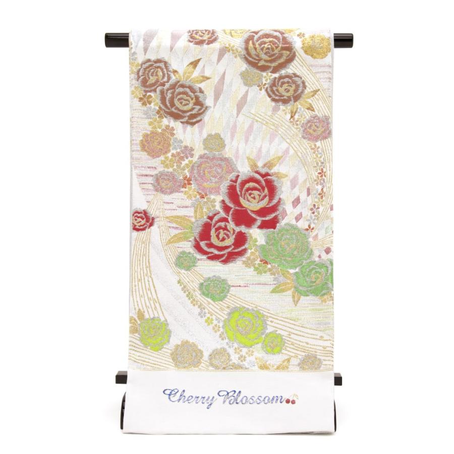 未仕立て】袋帯 振袖用 白 オフホワイト 金銀色 薔薇 バラ 菱 花 六通