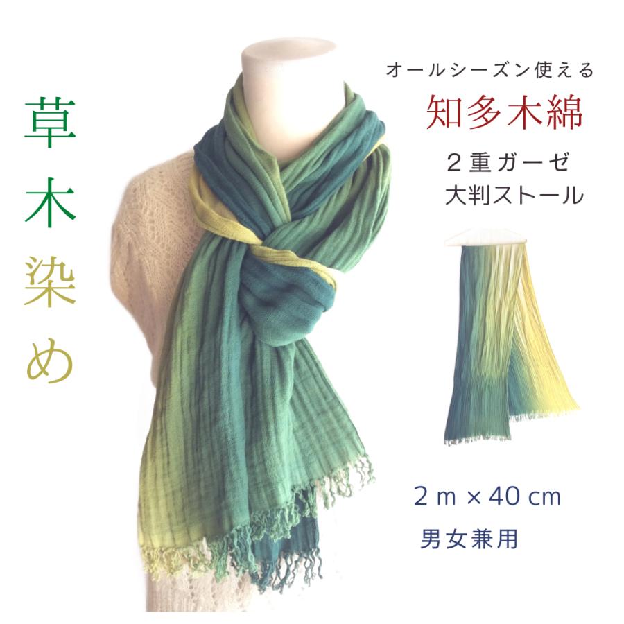 大判ストール ダブルガーゼ 知多木綿 草木染め 緑ののグラデーション