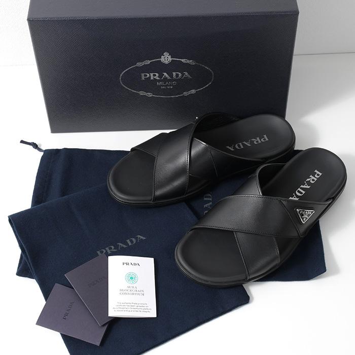 PRADA（プラダ） サンダル レザー クリスクロス スライドサンダル