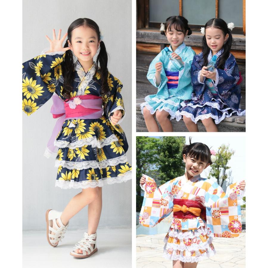 浴衣 子供 セパレート 女の子 浴衣ドレス 4点セット フリル付き 帯2本