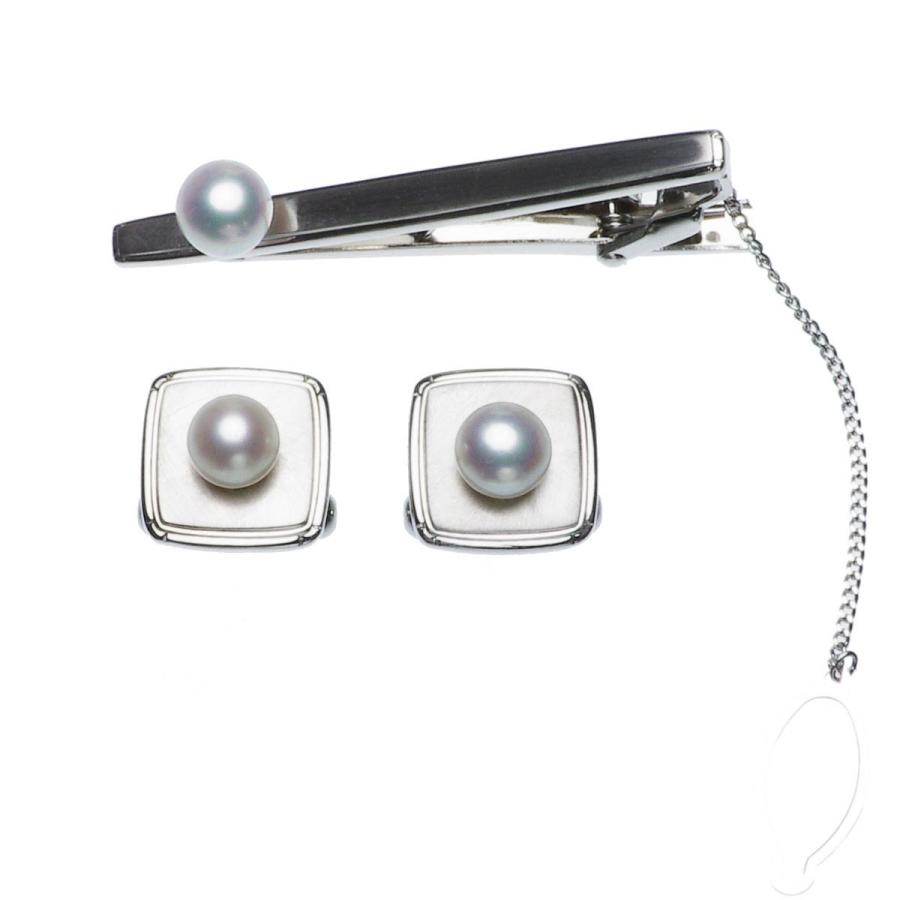 パール カフス ネクタイピンセット 高級 淡水真珠 7.0mm カフスボタン