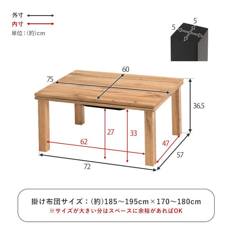 こたつテーブル 75×60cm 選べるデザイン 木目調 コンクリート調