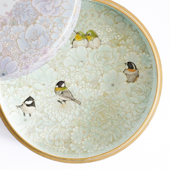 九谷焼 陶筥 本金白藍花詰に小鳥 / 河田里美 ｜ 陶箱 25cm 蓋物 重箱