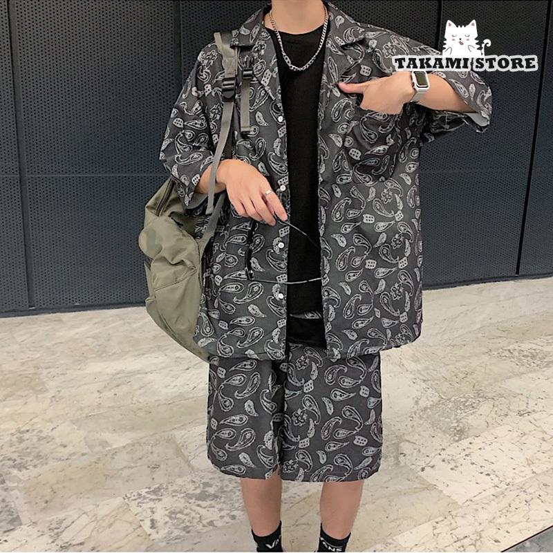 上下セット メンズ ペイズリー柄 セットアップ 柄シャツ 半袖 ハーフ