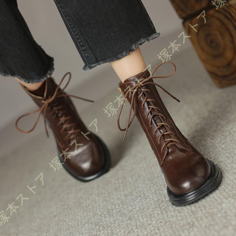 レディース レースアップブーツ 本革 ローヒール プラットフォーム