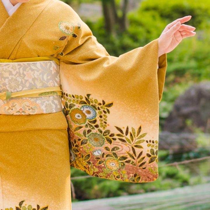 レンタル フルセット 高級正絹 訪問着 HO-FU318 芥子色 辻が花風 結婚