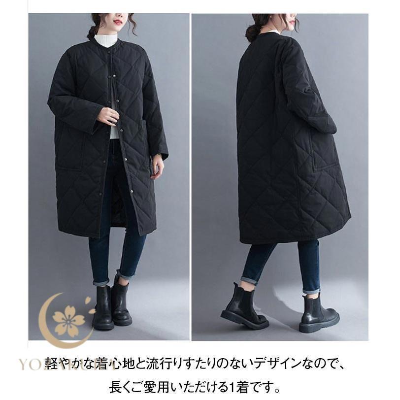 レディース キルティング キルティングコート ロング ノーカラー 膝丈