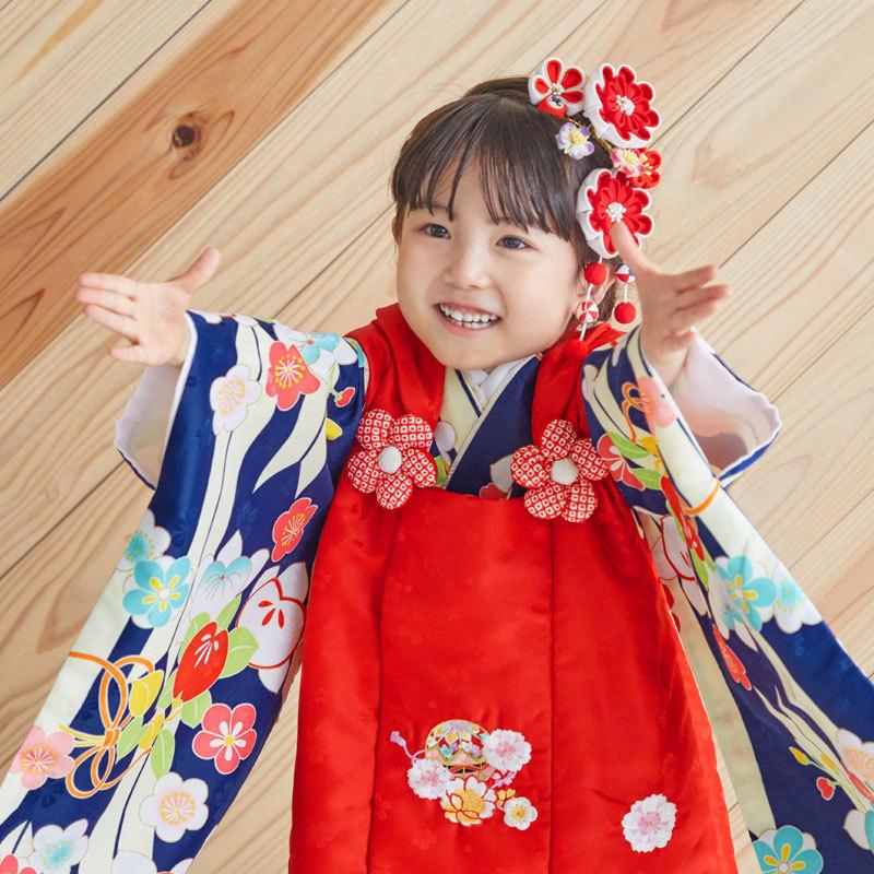 七五三 着物レンタル 3歳 753 女の子 フルセット 被布 赤×紺 矢羽根に