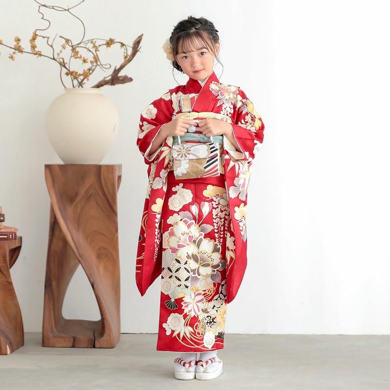 七五三 7歳着物 レンタル フルセット 赤 桜に扇面 女の子 七歳 753