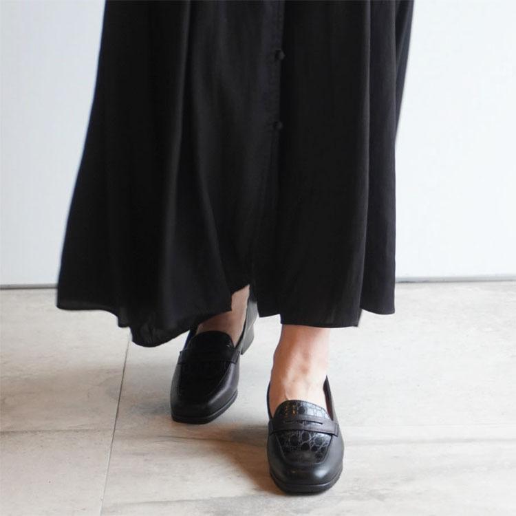 クロココンビローファー ブラック 黒 ブラウン 型押し ワニ BLACK 牛革