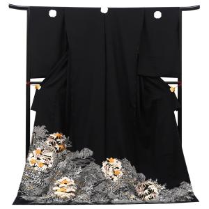 正絹黒留袖 未仕立て 仮絵羽 流水と鶴に四季の花柄 礼装 黒留め袖 新品