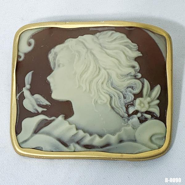 送料無料!! 女性 横顔 左 スクエア 樹脂カメオ 小鳥 フラワー ブローチ