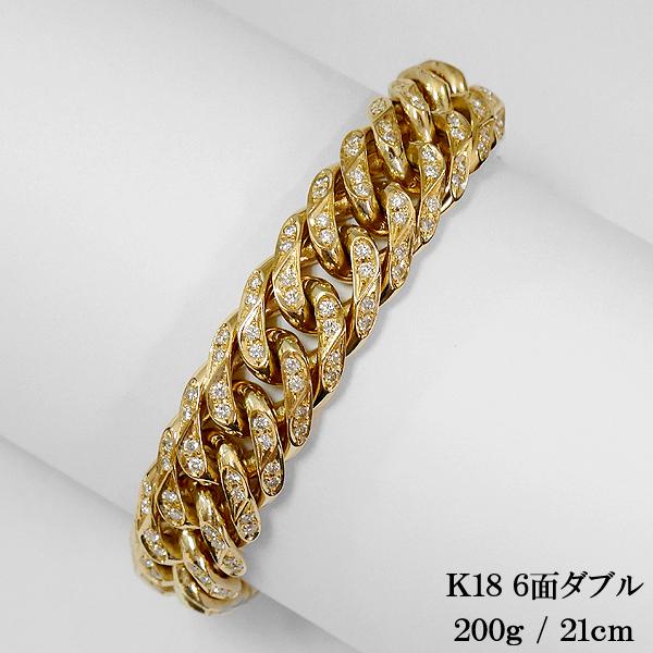 K18喜平ブレスレット 200g 21cm ダイヤモンド 喜平 6面 ダブル 18金