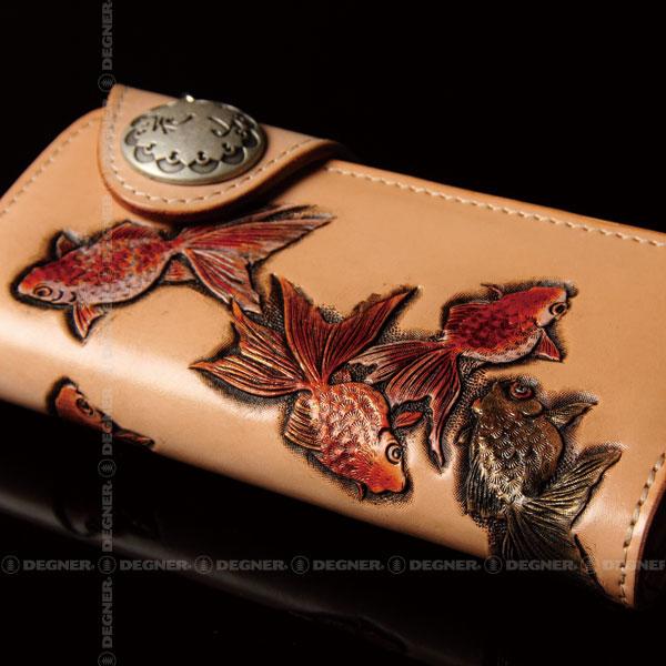花山 バイク 長財布 彫刻 和柄 本革 寿金魚 タン : デグナーヤフー