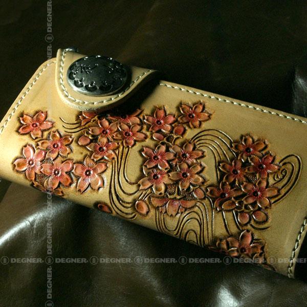 花山 バイク 長財布 彫刻 和柄 本革 桜 タン : デグナーヤフー