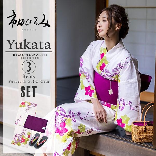 浴衣 レディース セット 市田ひろみ 「緑 赤紫の桔梗 紫の朝顔