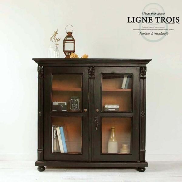 フレンチガラスキャビネット 収納 飾り棚 本棚 黒 木製 アンティーク