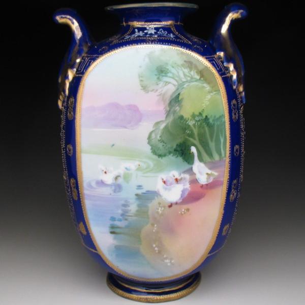 ノリタケ オールドノリタケ コバルト金盛り水鳥絵 花瓶 22cm