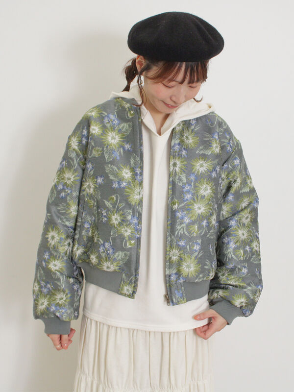 セール】 花柄ゴブラン織り中綿ブルゾン（ベージュ/ミント/ネイビー