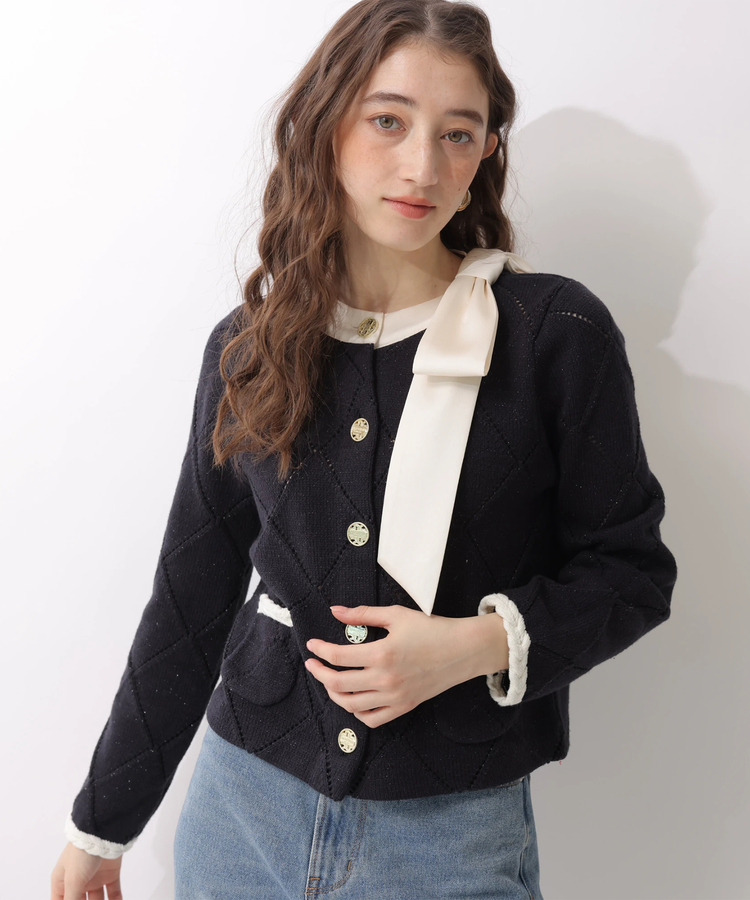 Arpege story限定】〈MARIEBELLEコラボ〉Ribbon Shiny Knit Jacket