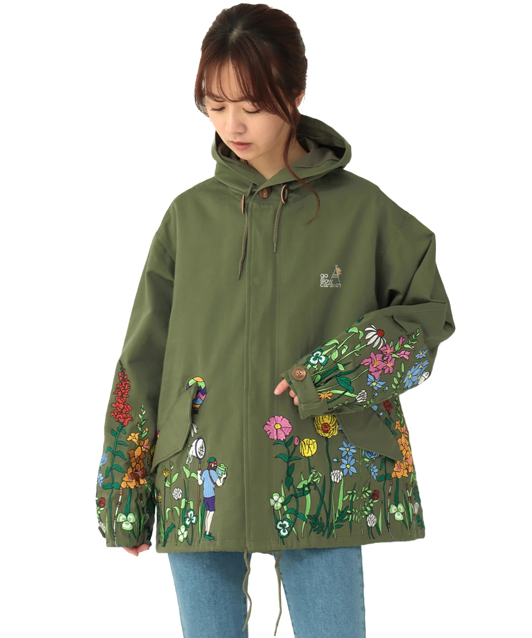 go slow caravan スラブサテンパネル刺繍モッズコート【WEB限定