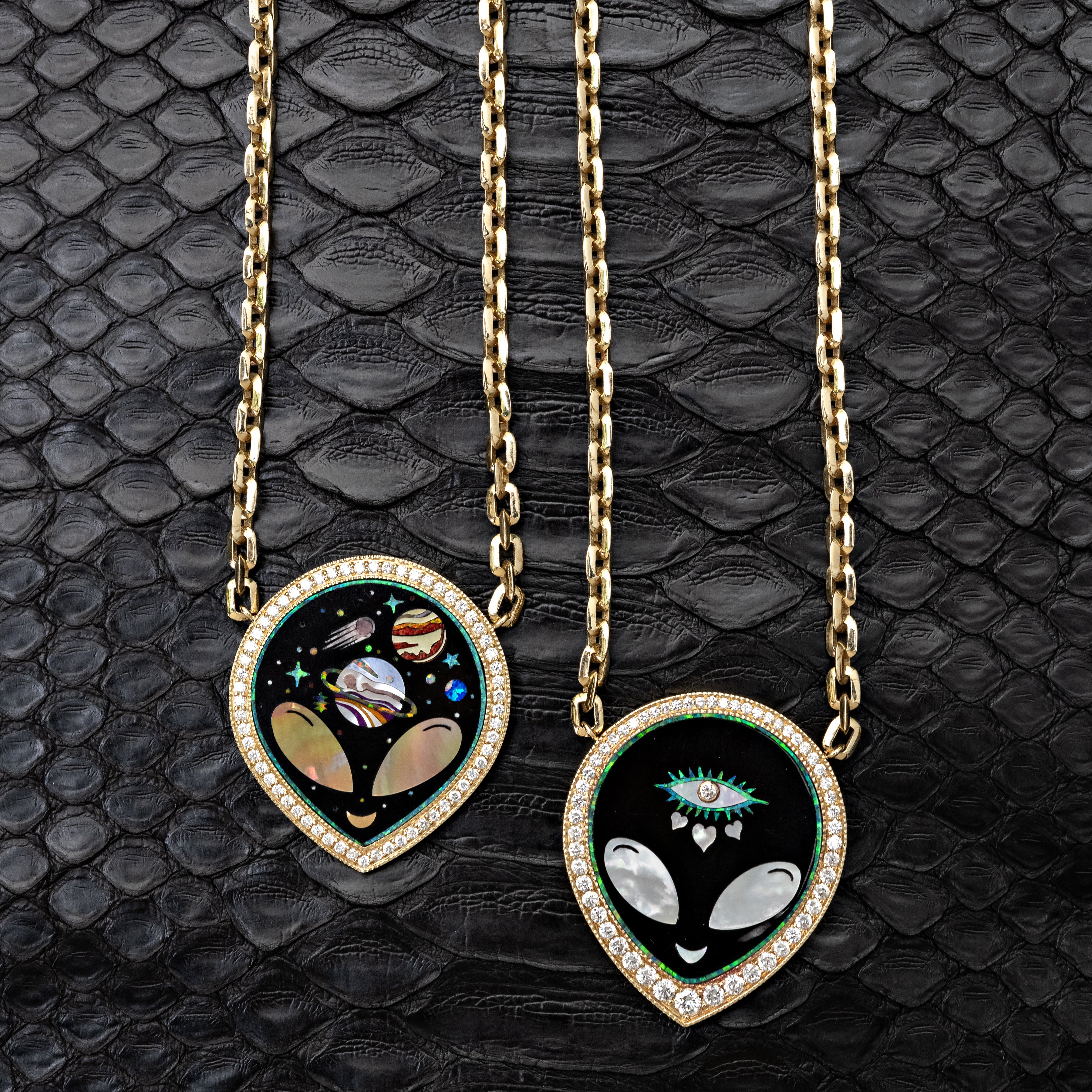 Large Pave Onyx + Pearl Alien Galaxy Inlay MOE Chain Necklace