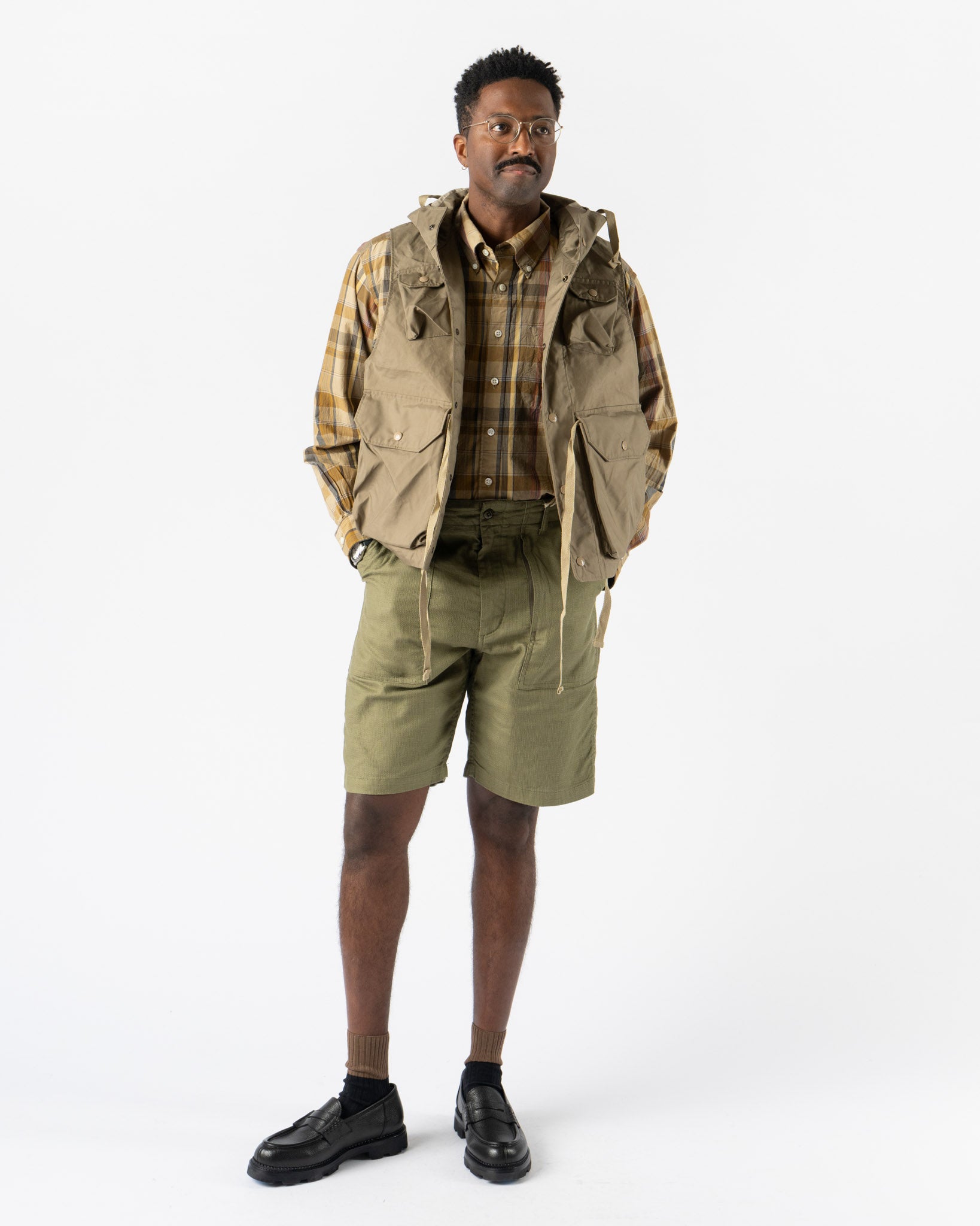 Engineered Garments Field Vest in Khaki 3 Layers Nyco Curated at